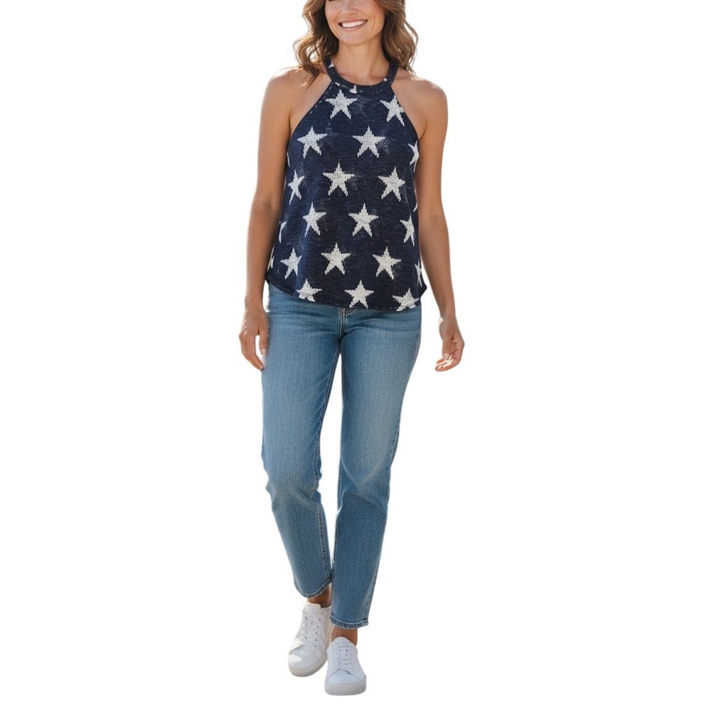 BIBI Womens Navy White Stars Halter Neck Sleeveless Knit Tank‎ Top-Patriotic